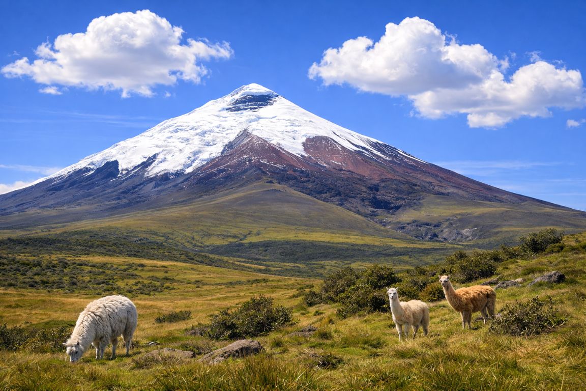 Snow-covered Cotopaxi Volcano rising above Andean grasslands explored with El Altar Ecuador Tours